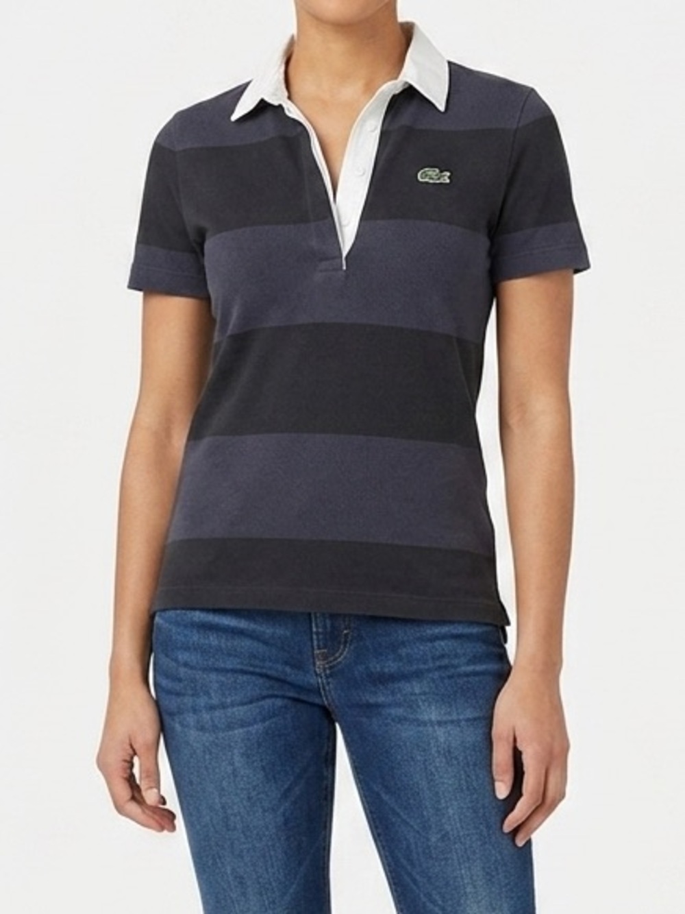 Lacoste Women's Navy and Black Striped Polo with White Collar